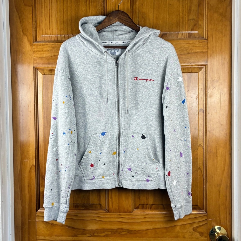 Champion Womens Paint Splatter Full Zip Hoodie Gray XL ANNM Streetwear Boxy